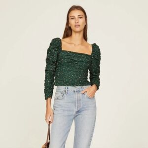 Reformation "Joi" Size 0 Green Floral Ruched Puff Sleeve Top Organic Cotton